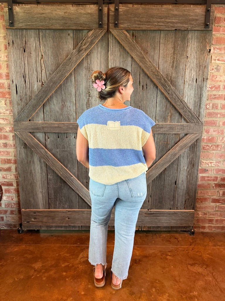 Split Neck Sleeveless Stripe Sweater