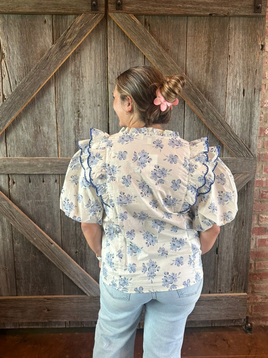 Bubble Sleeve Embroidered Blouse