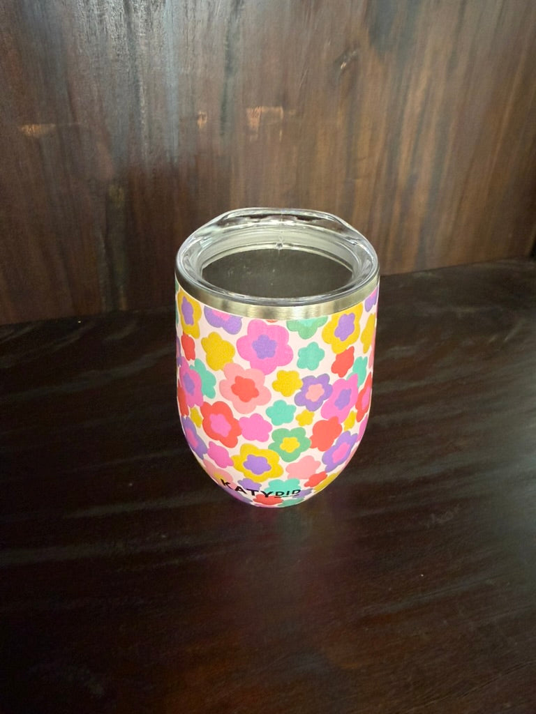 Groovy Multicolored Flowers 12 Oz Wine Tumbler