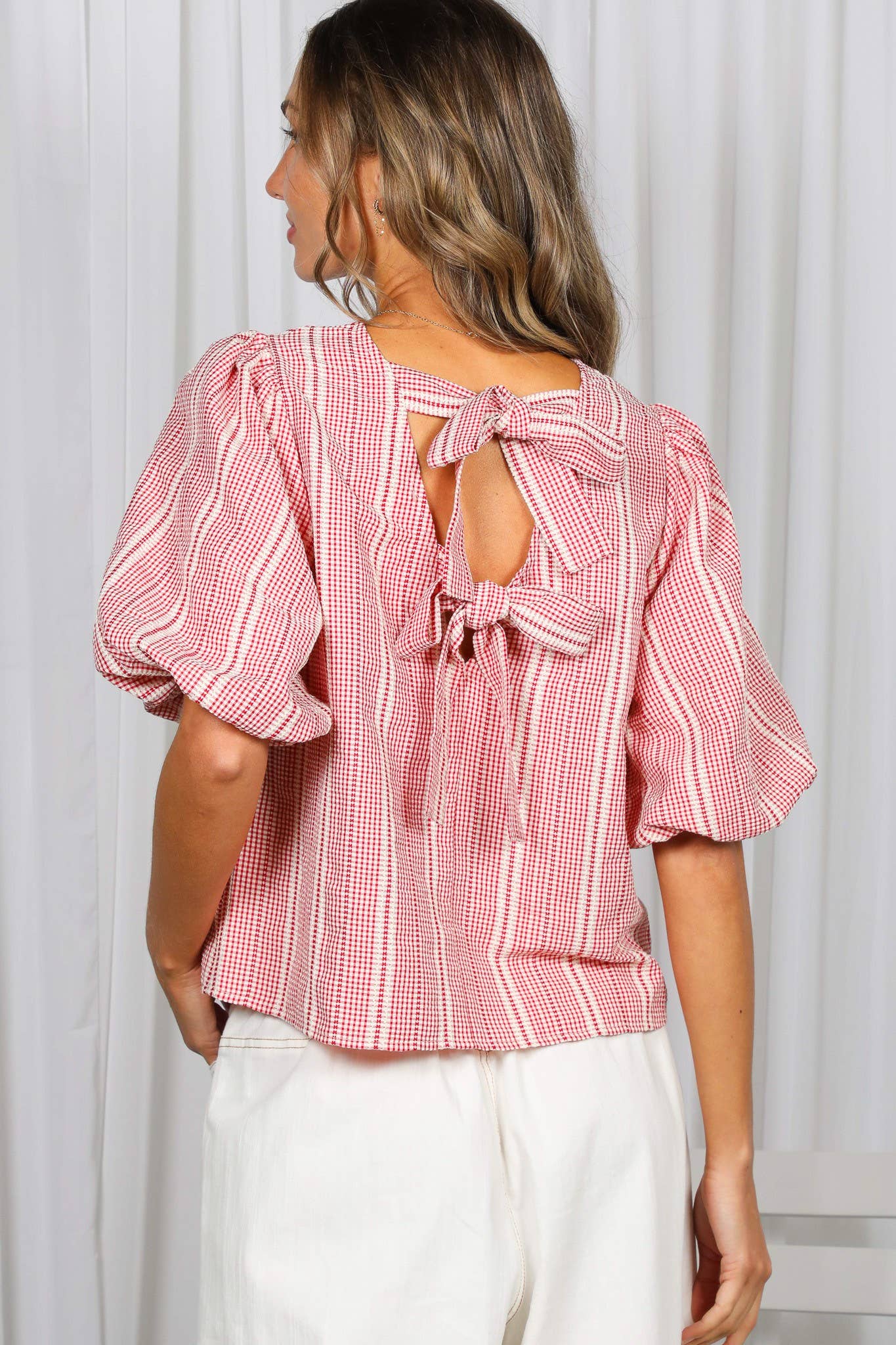 V-Back Bow Accent Feminine Plaid Blouse