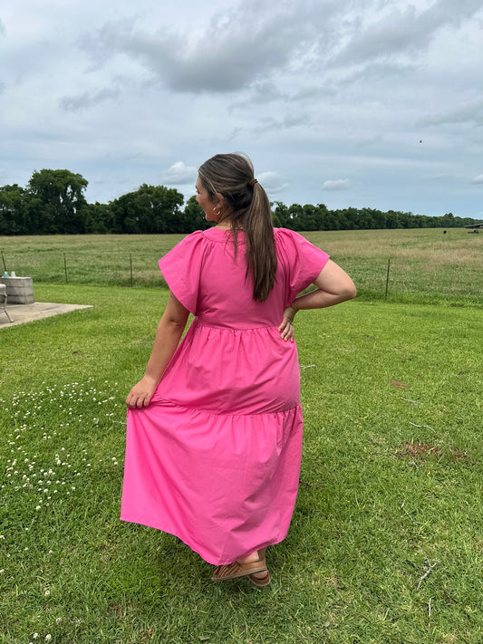 Pink V Neck Flutter Sleeve Tiered Midi Dress
