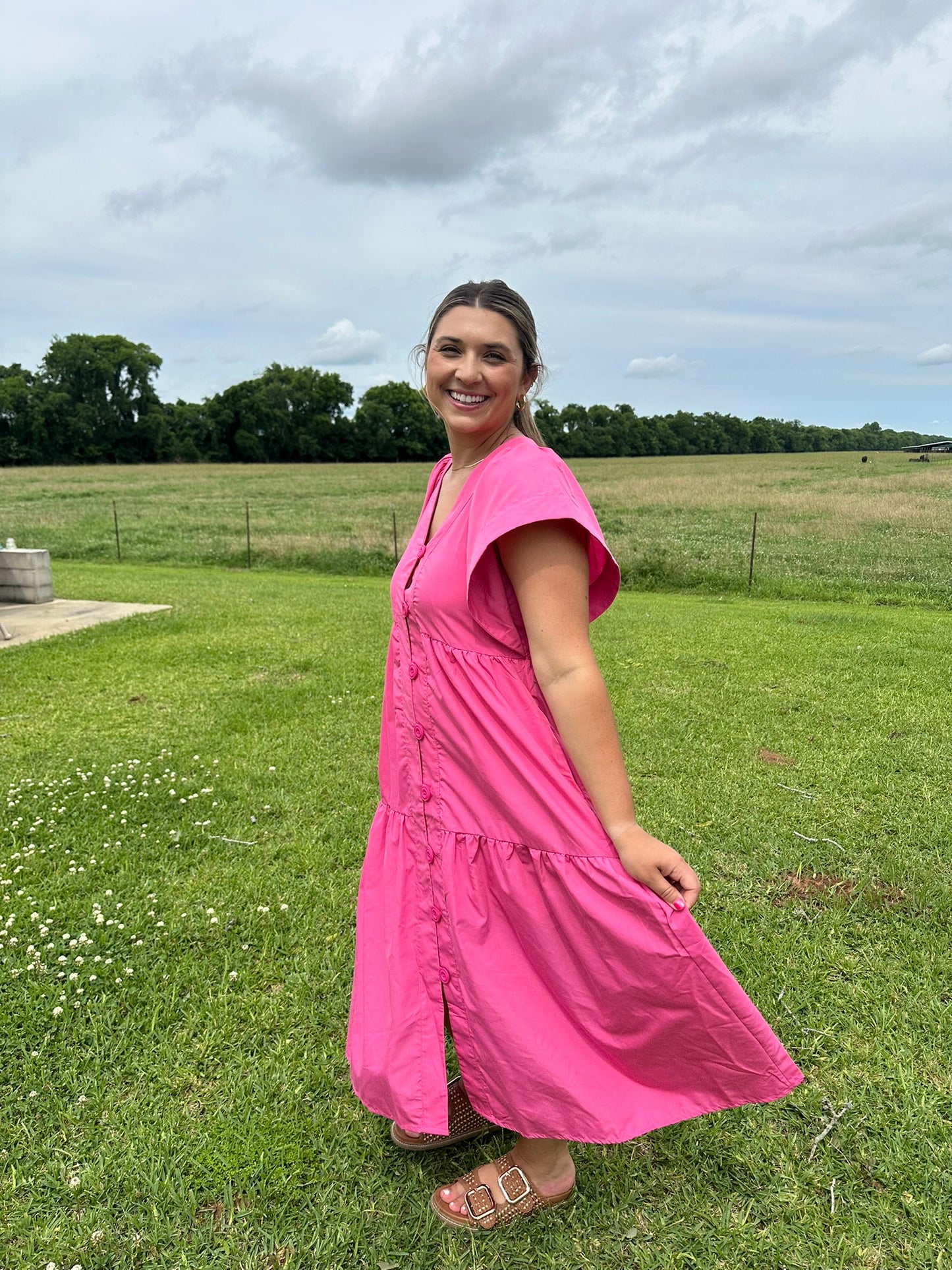Pink V Neck Flutter Sleeve Tiered Midi Dress