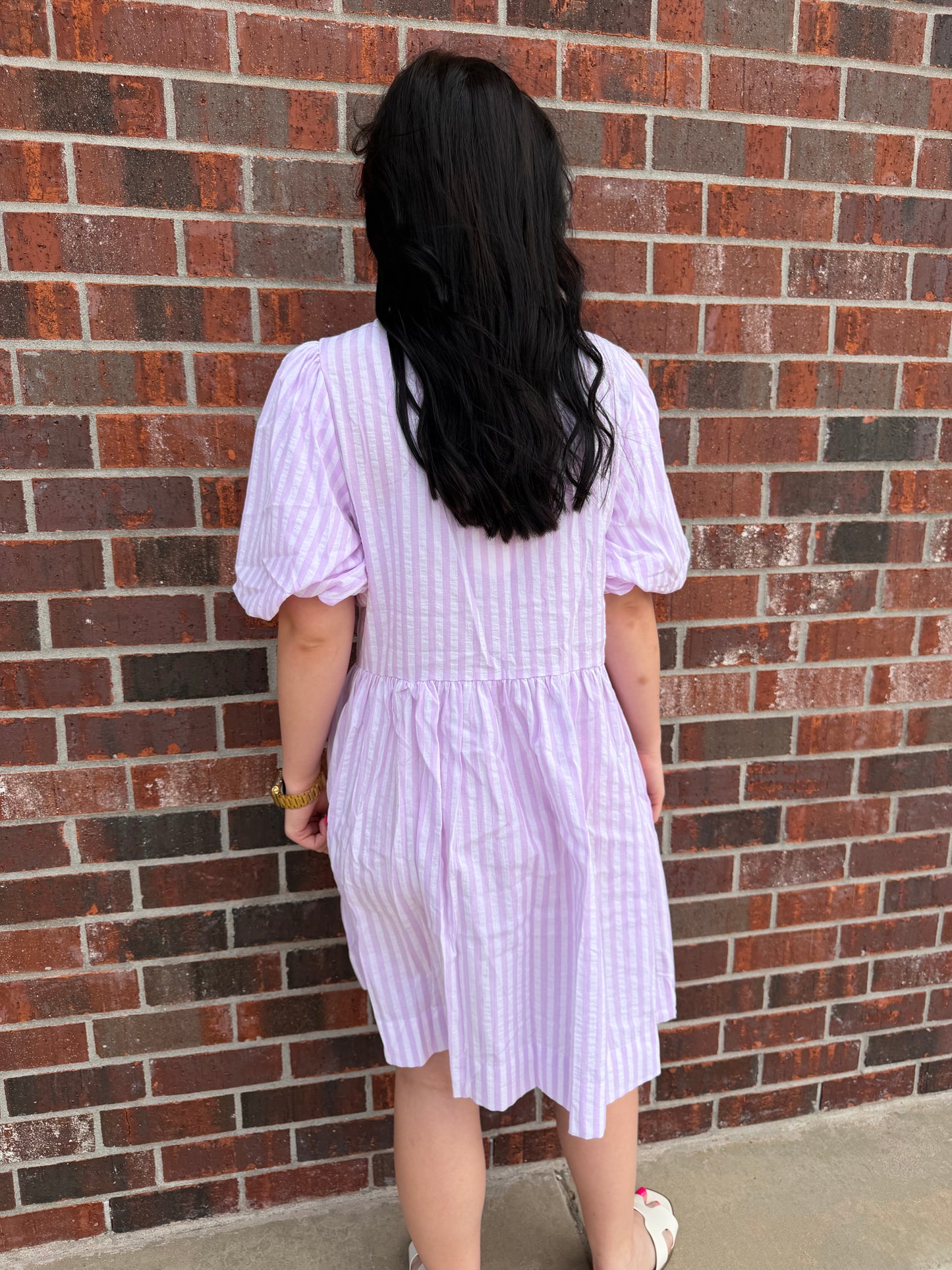 Bow Tie Front Striped Baby Doll Mini Dress With Puff Sleeves
