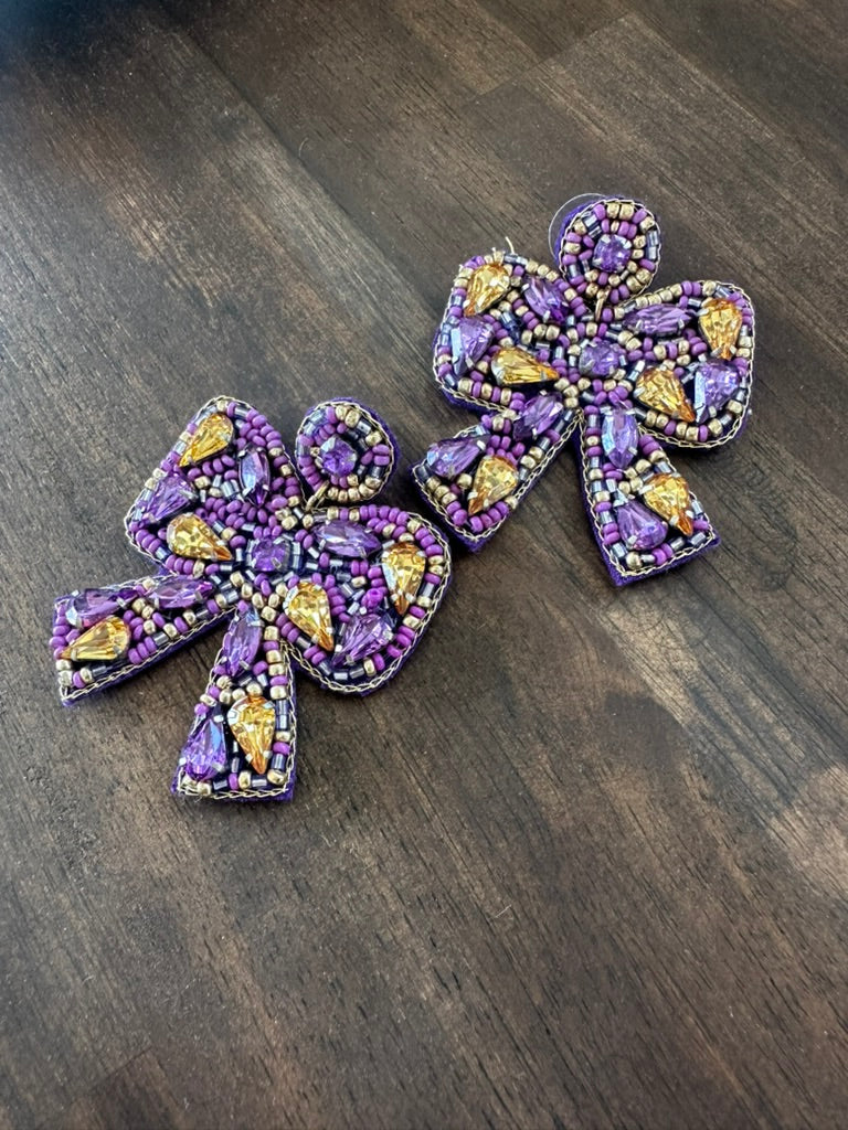Purple & Gold Beaded Bow Earrings