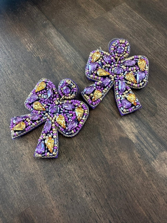 Purple & Gold Beaded Bow Earrings