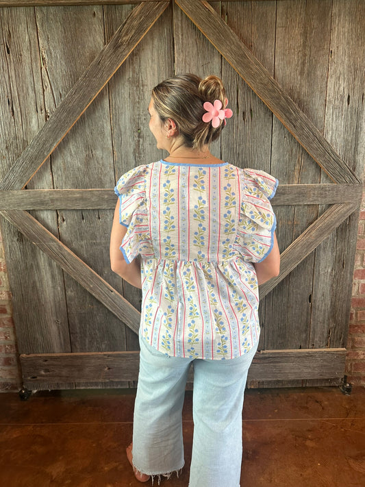 Ruffle Sleeve Printed Top