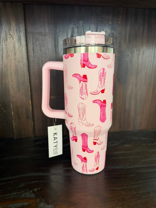Light Pink Western Boots Tumbler Cup w/ Handle