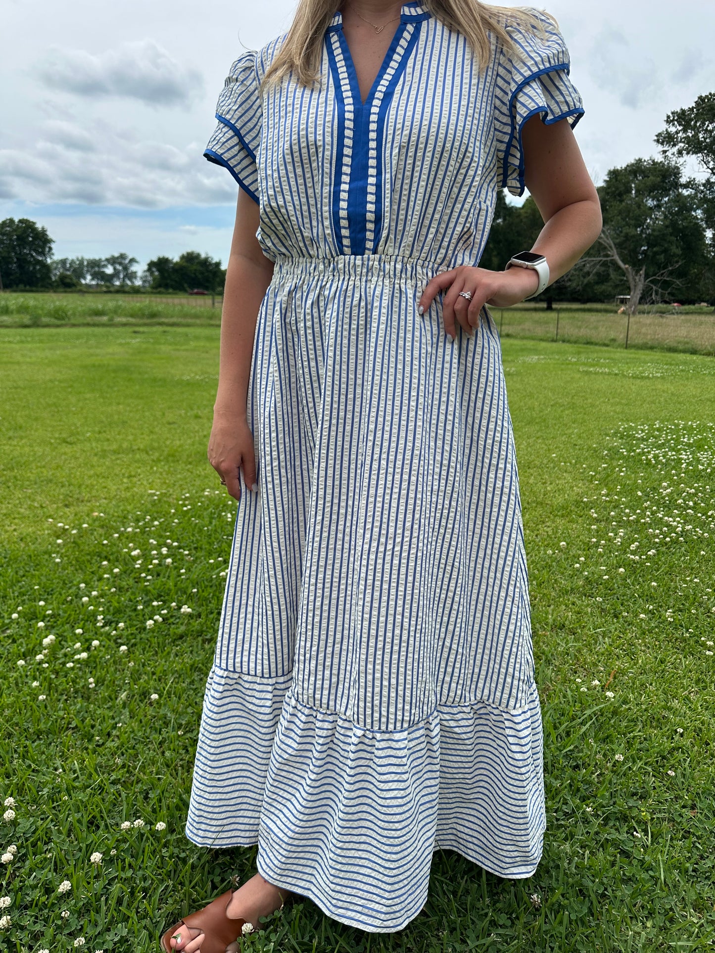 Striped Flutter Sleeve Midi Dress