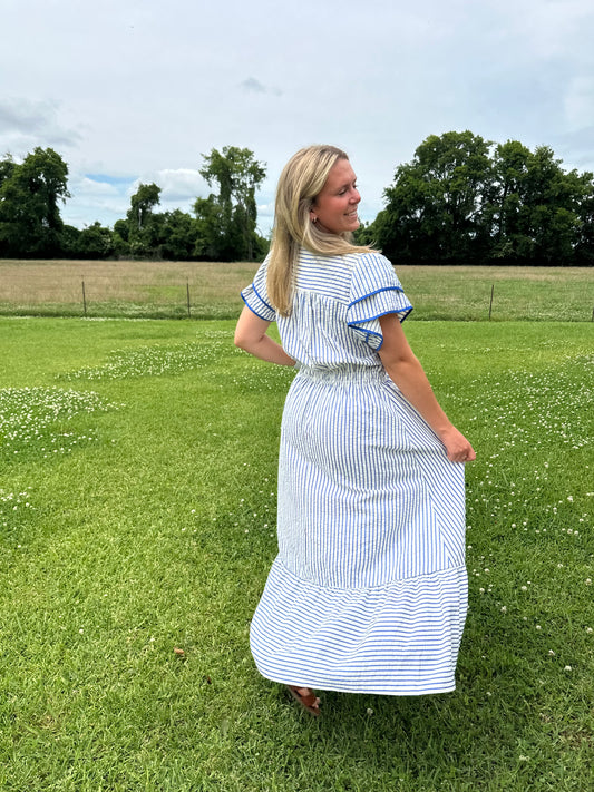 Striped Flutter Sleeve Midi Dress