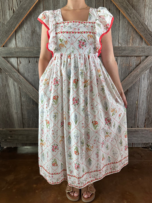Botanical Print Flutter Sleeve Midi Dress
