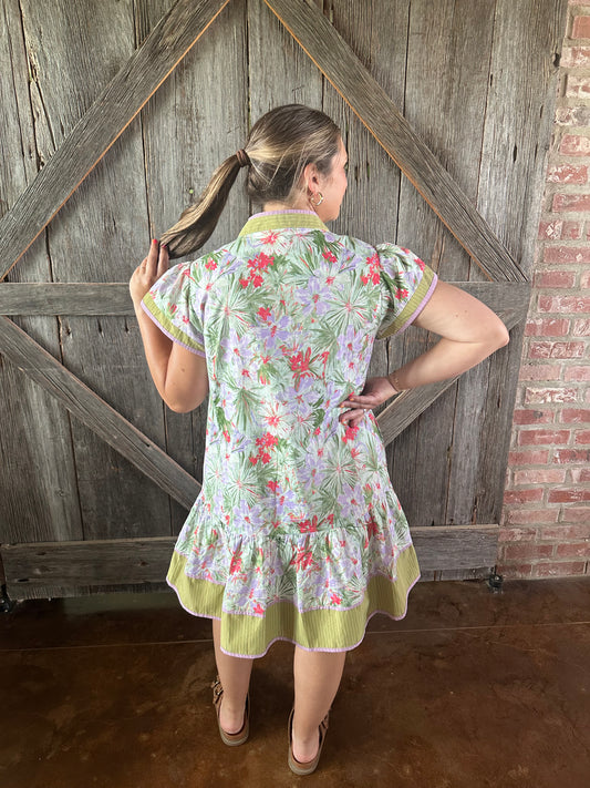 Bright Tropical Floral Button Tiered Dress