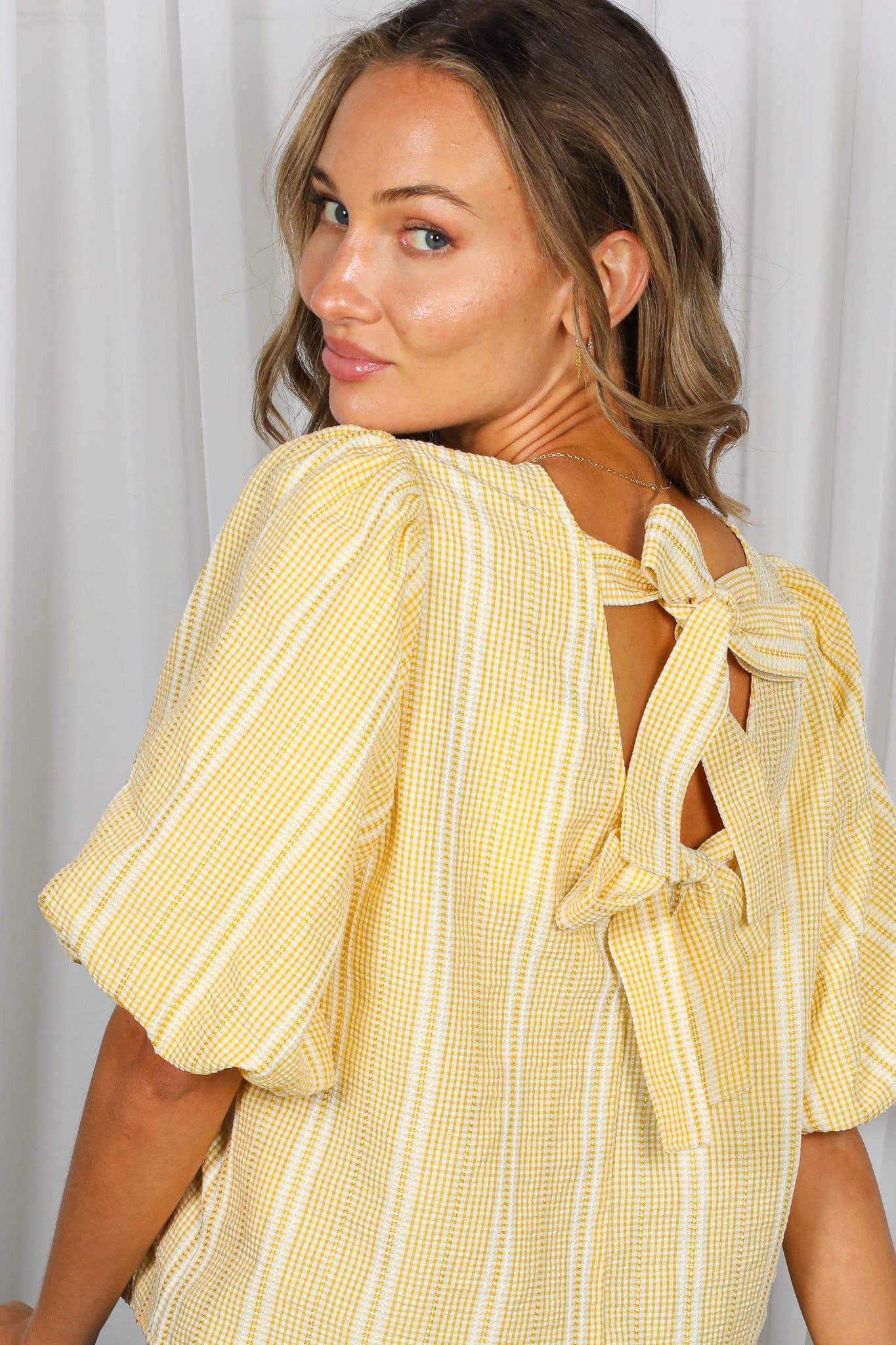 V-Back Bow Accent Feminine Plaid Blouse