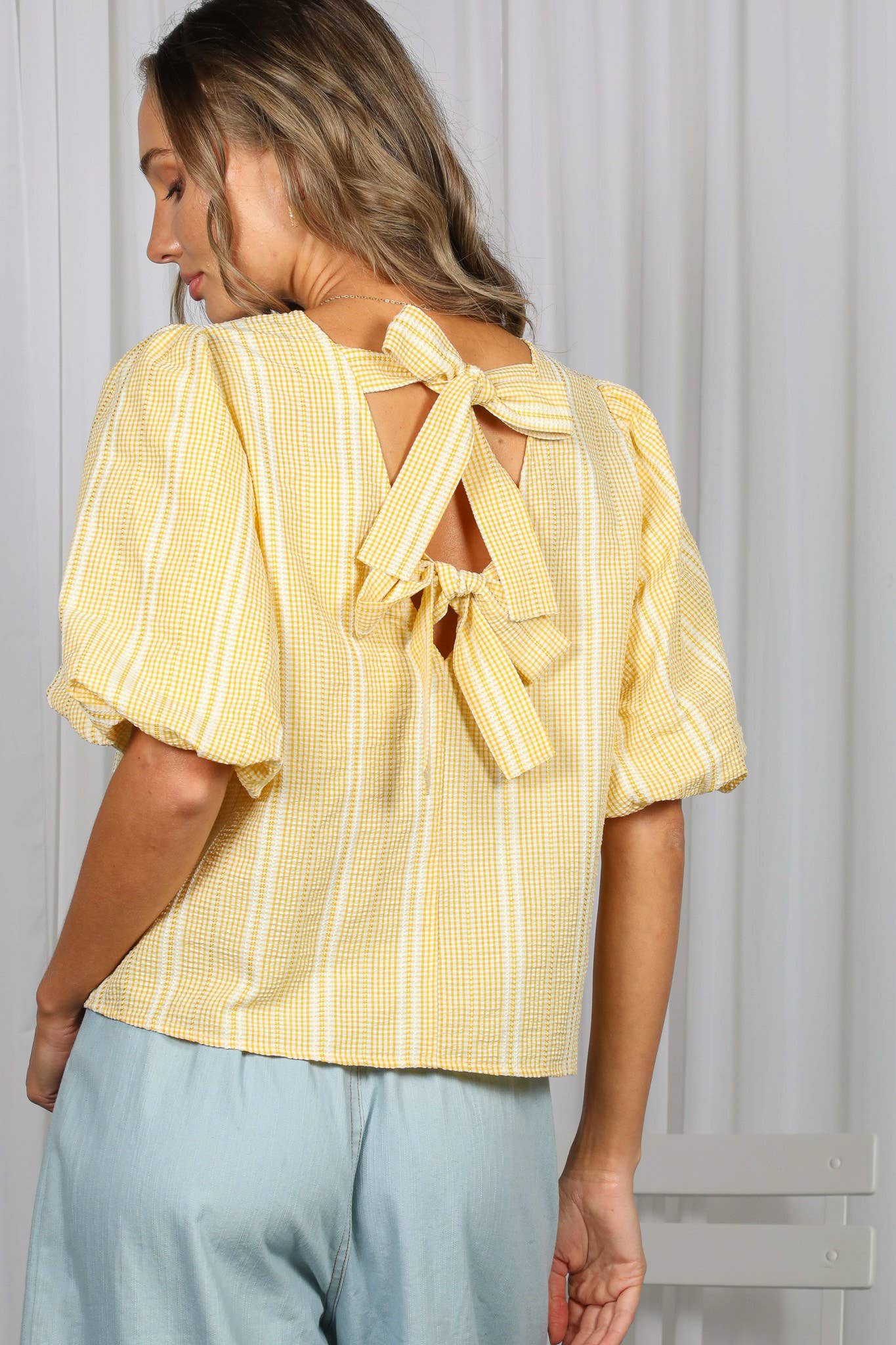 V-Back Bow Accent Feminine Plaid Blouse