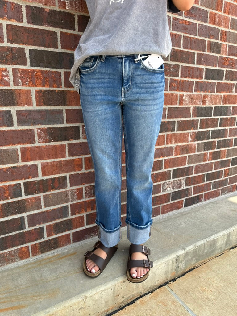 High Rise Cuffed Straight Jeans