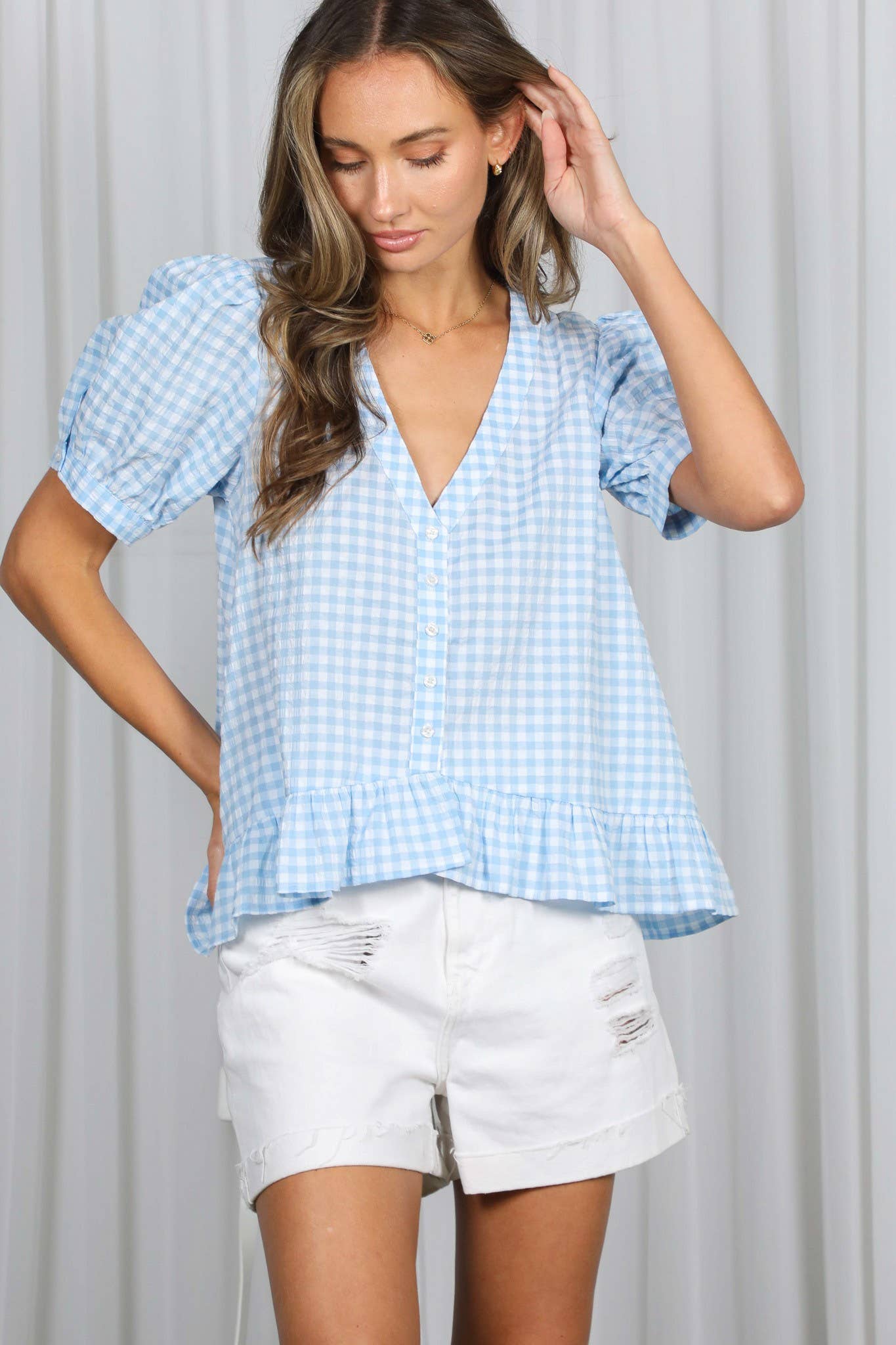 Puff Sleeves V-Neck Gingham Blouse Top