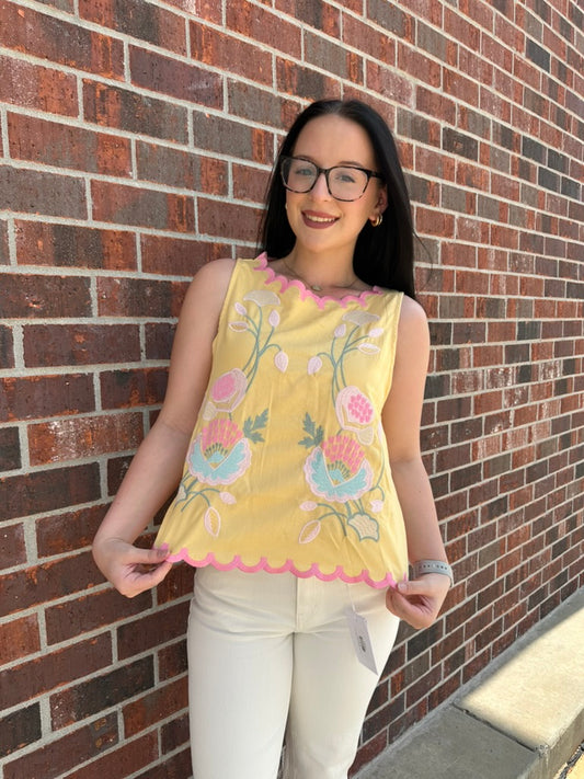 Floral Embroidery Scallop Tank