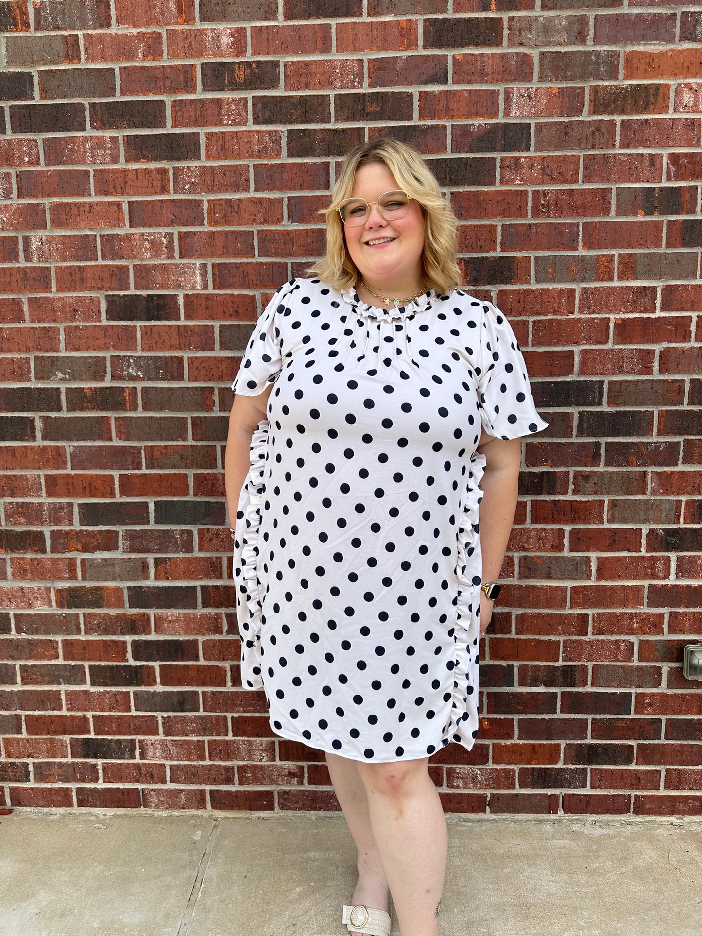 Polka Dot Dress With Frilled Neck And Pin Tuck