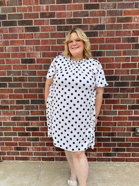 Polka Dot Dress With Frilled Neck And Pin Tuck
