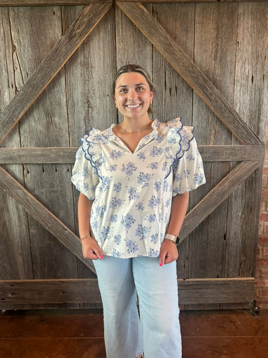 Bubble Sleeve Embroidered Blouse