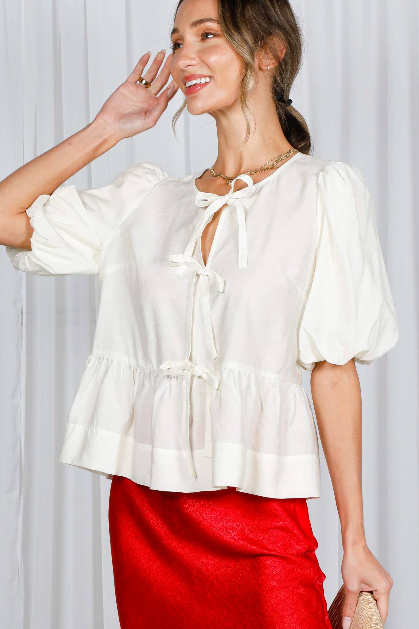 1/3 Open Front Self Tie Trim Blouse Top