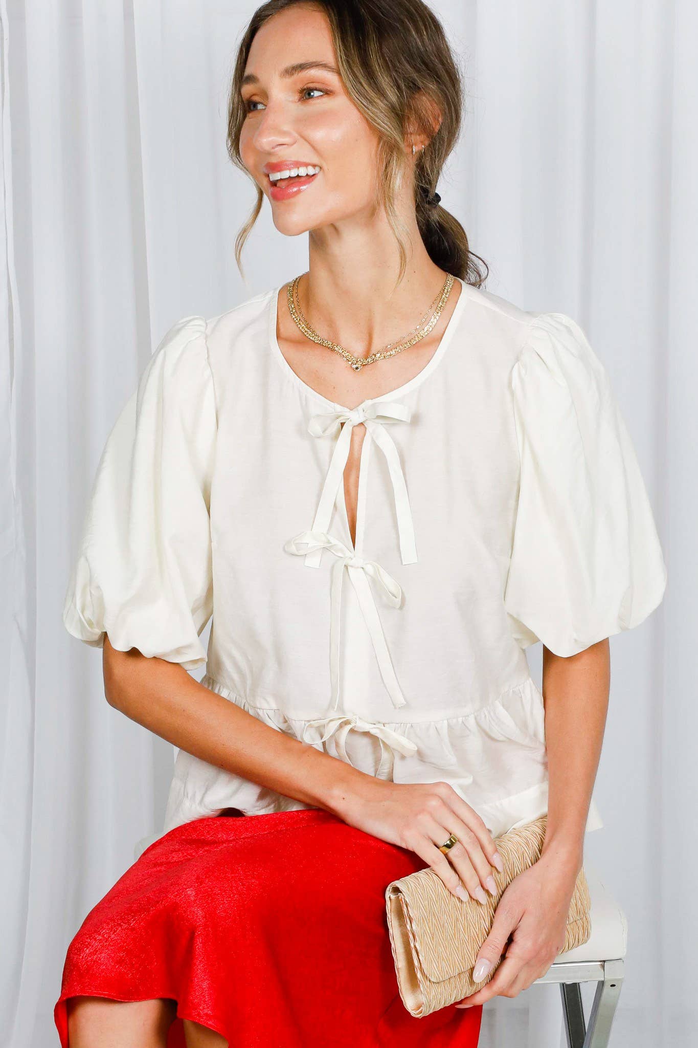 1/3 Open Front Self Tie Trim Blouse Top