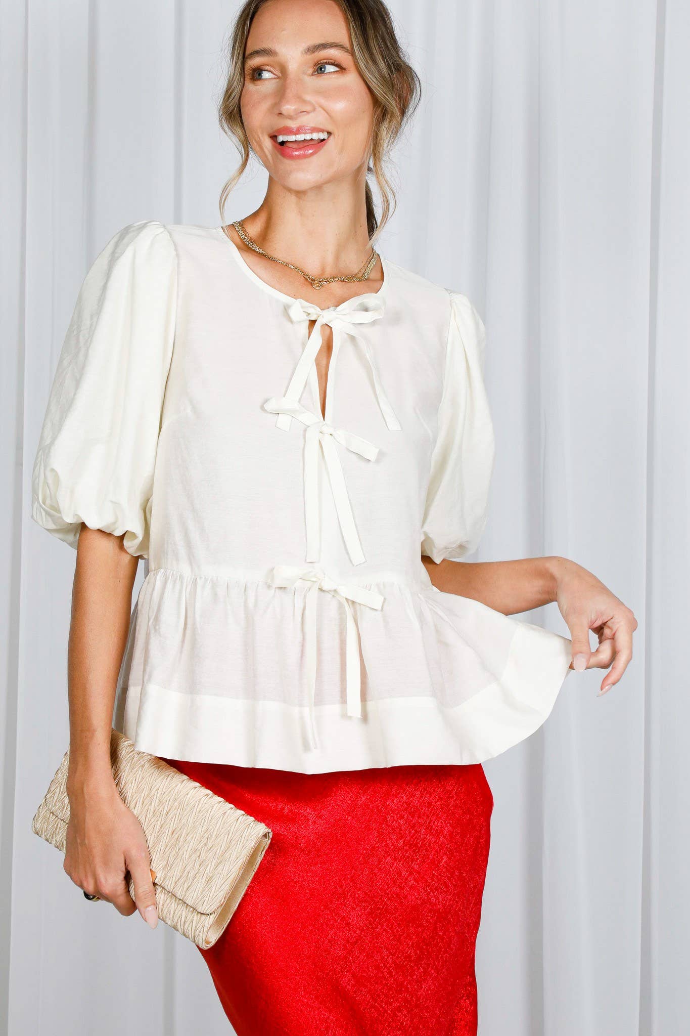 1/3 Open Front Self Tie Trim Blouse Top