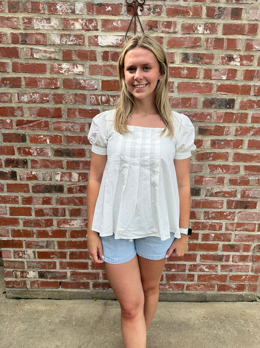 Sunday Air Puff-Sleeve Pleated Blouse