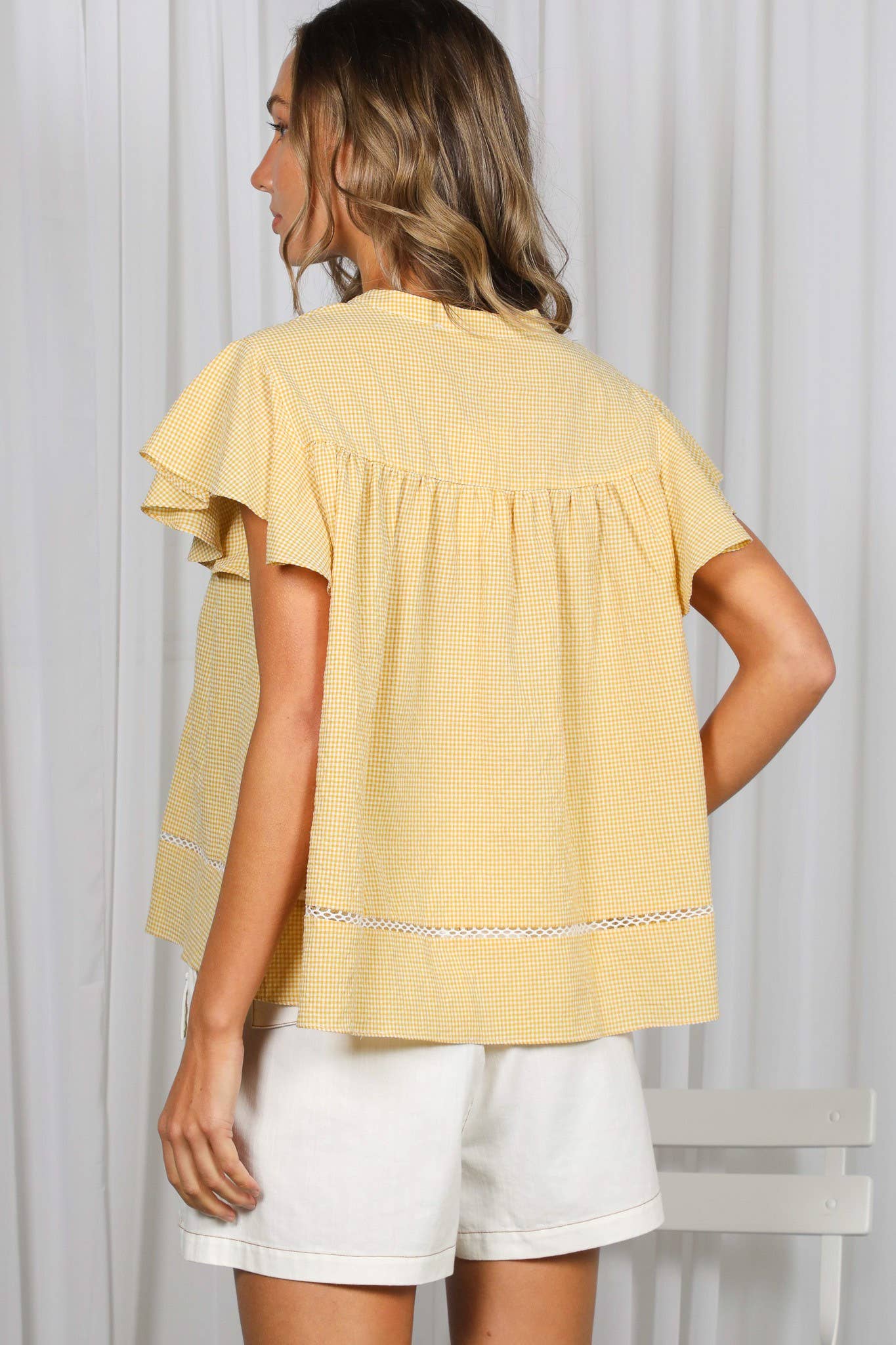 Gingham Ruffle Flutter Sleeve Feminine Blouse