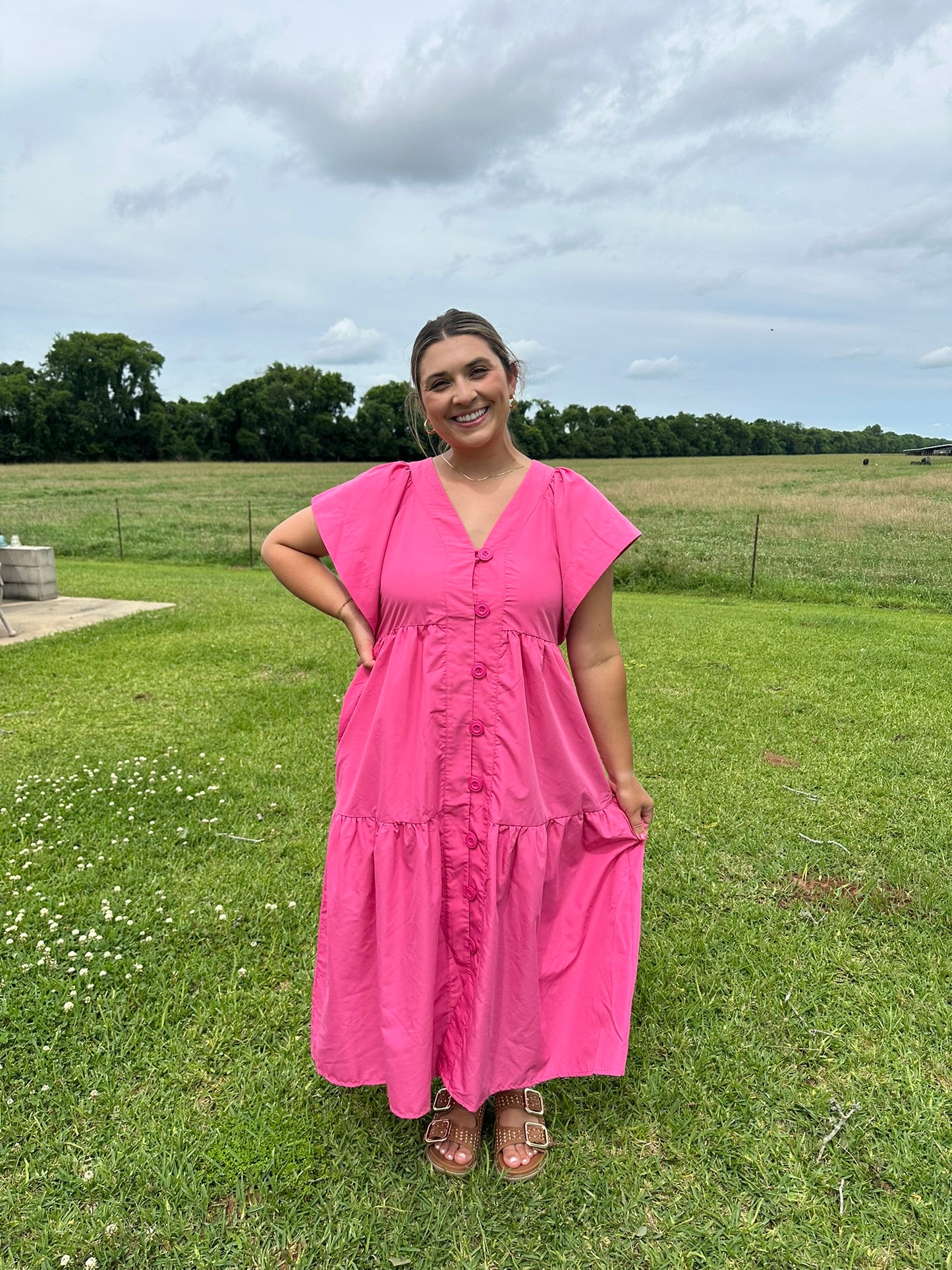 Pink V Neck Flutter Sleeve Tiered Midi Dress