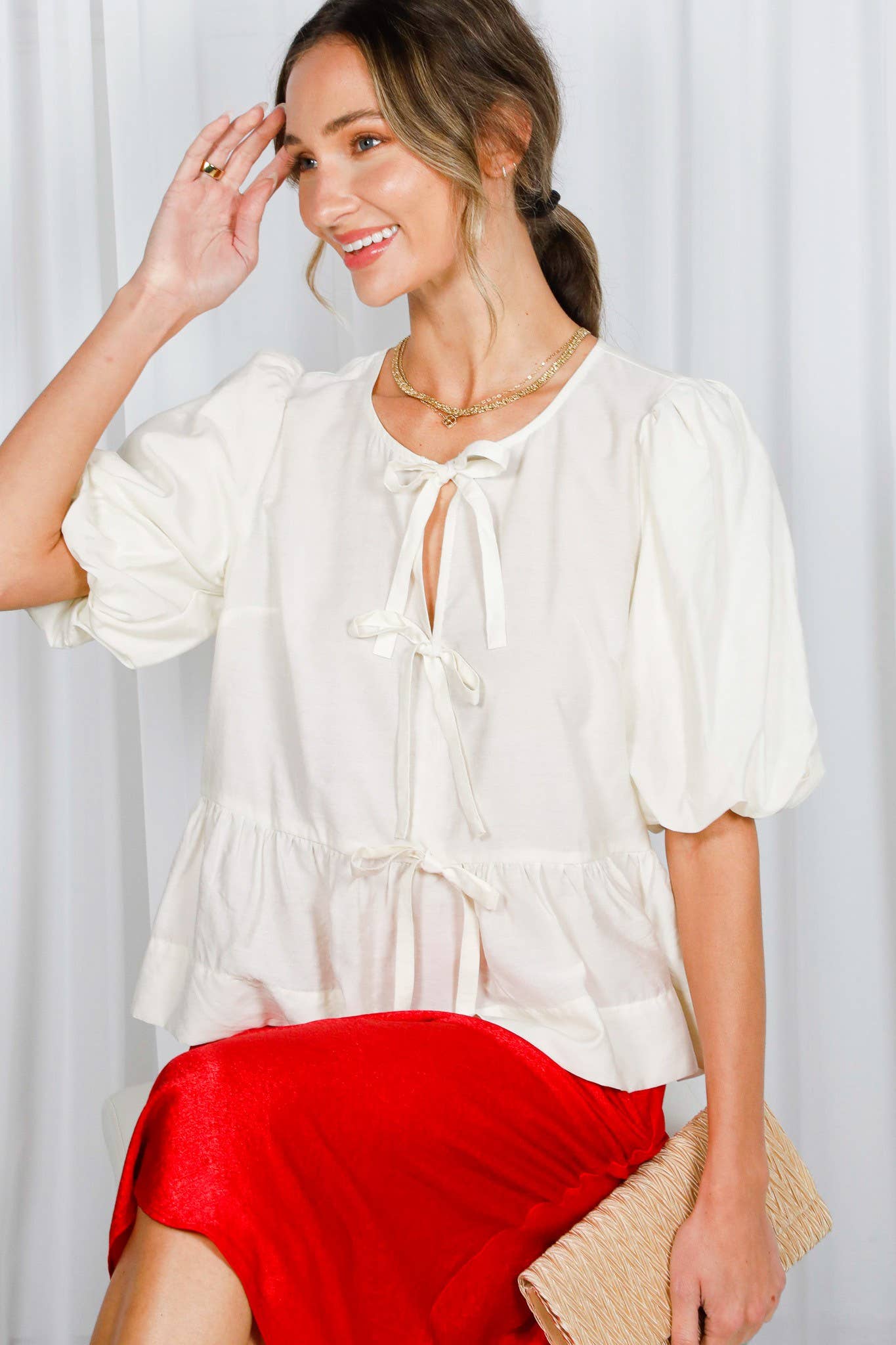 1/3 Open Front Self Tie Trim Blouse Top