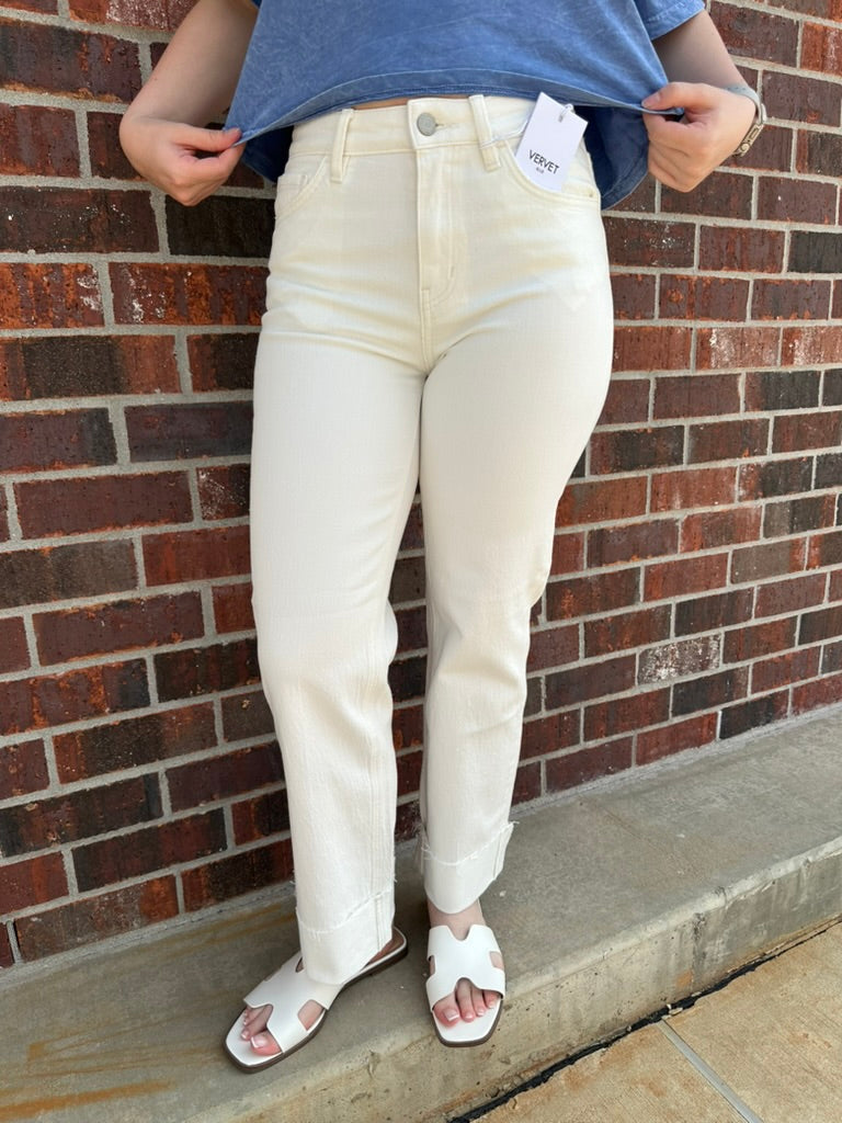 High Rise Cuffed Ankle Optic White Jeans