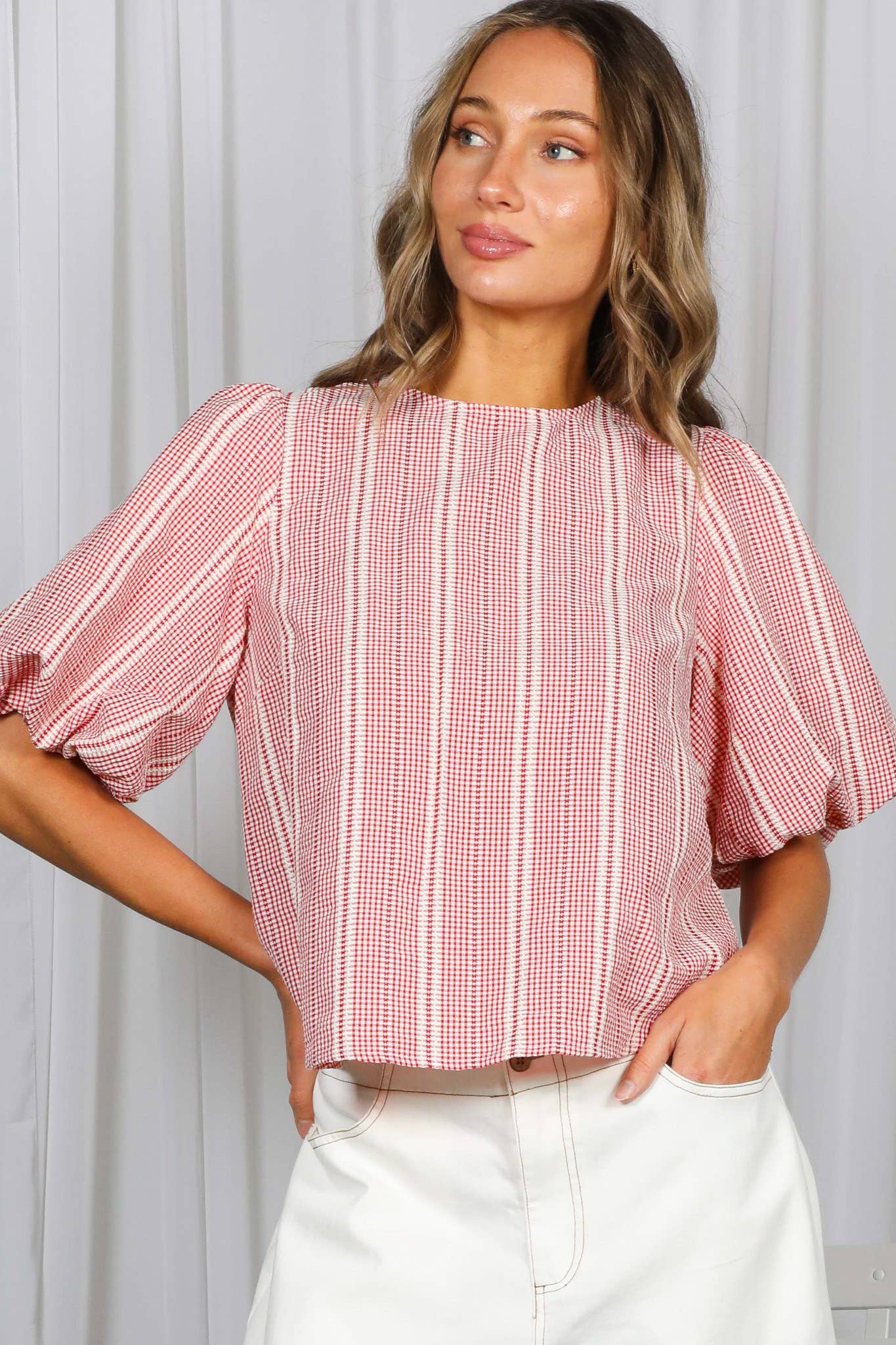 V-Back Bow Accent Feminine Plaid Blouse