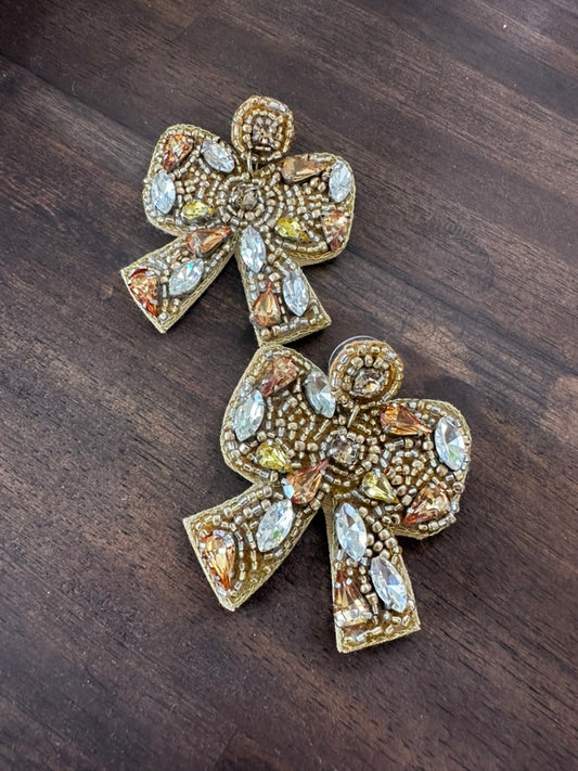 Gold Beaded Bow Earrings