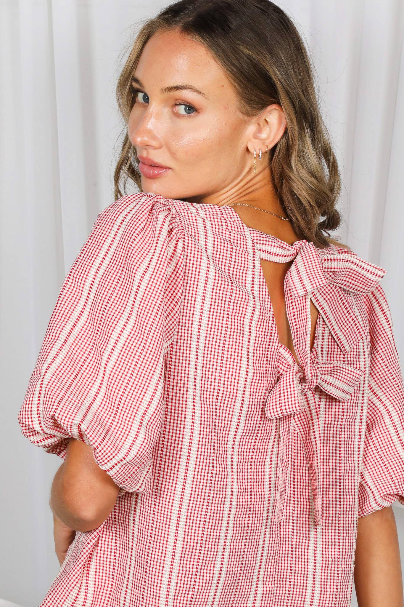 V-Back Bow Accent Feminine Plaid Blouse