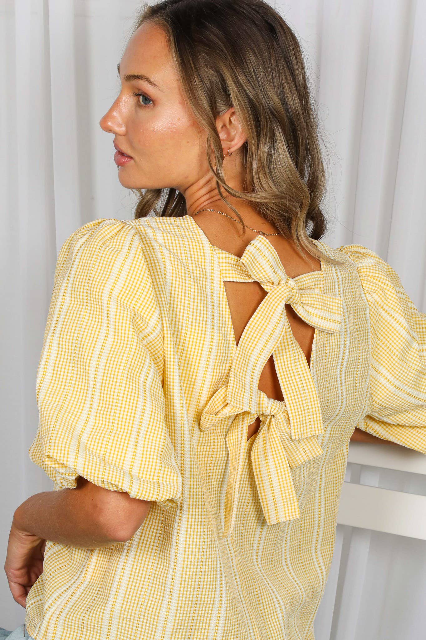 V-Back Bow Accent Feminine Plaid Blouse