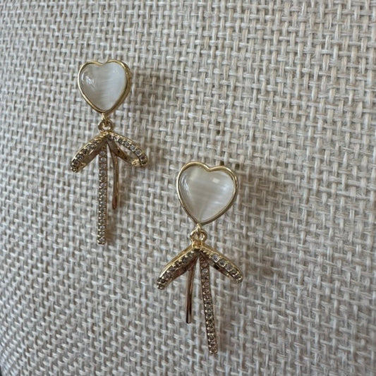 Cat's Eye Heart Bow Tassel Earrings