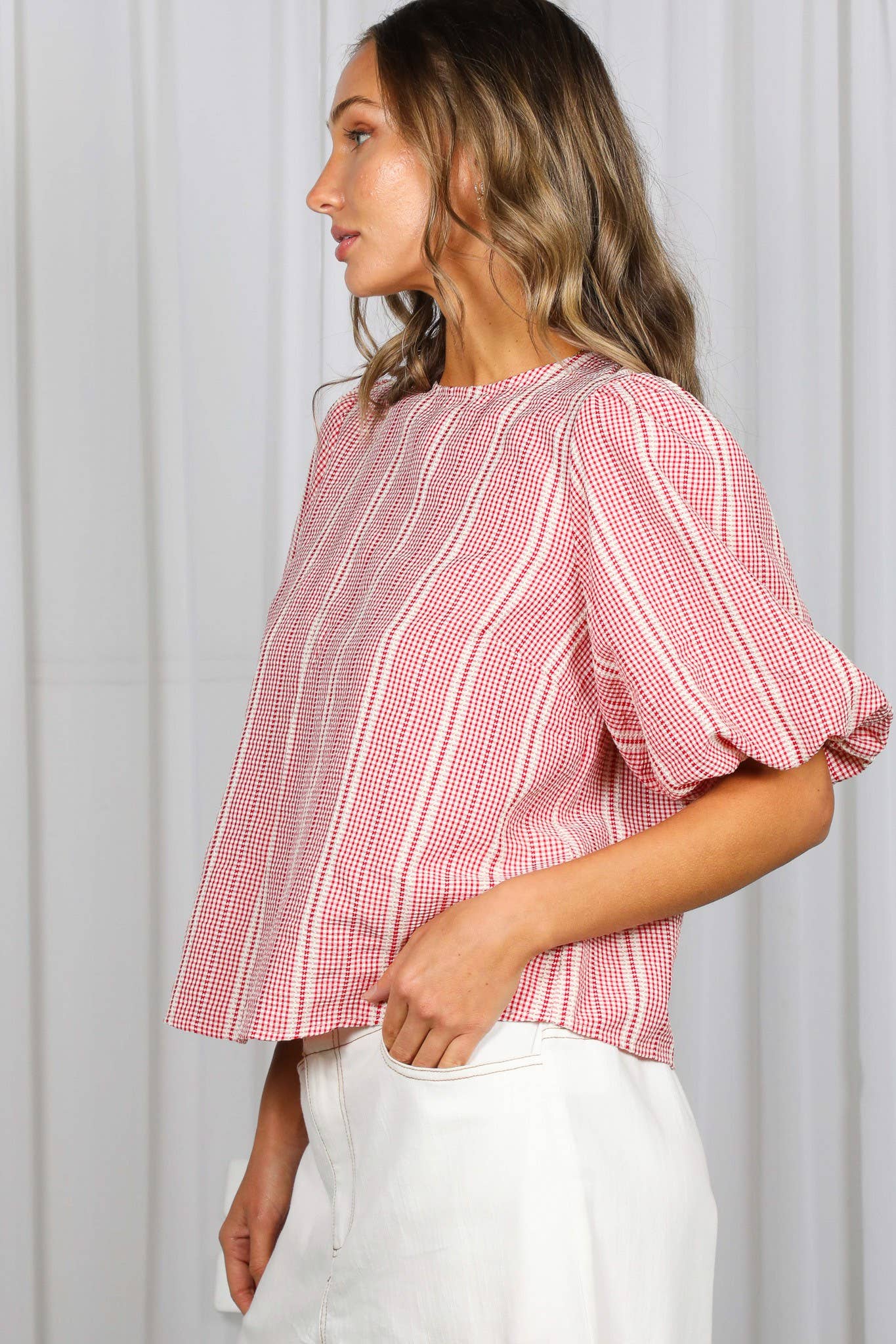 V-Back Bow Accent Feminine Plaid Blouse