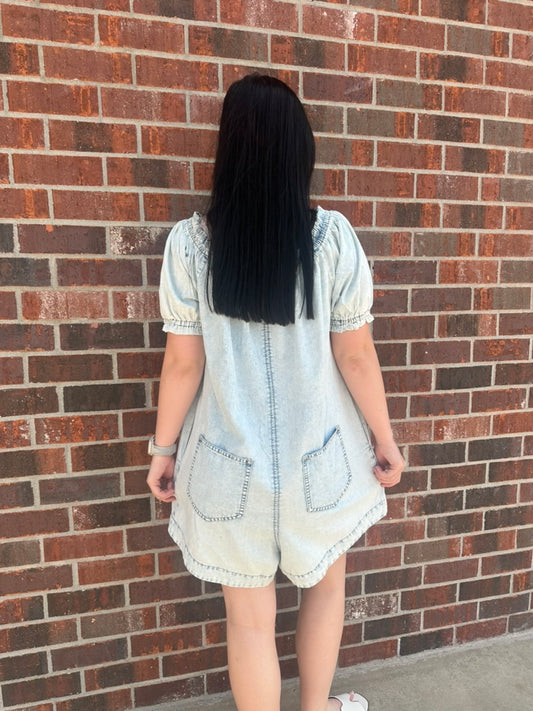Light-Wash Denim Overall Romper