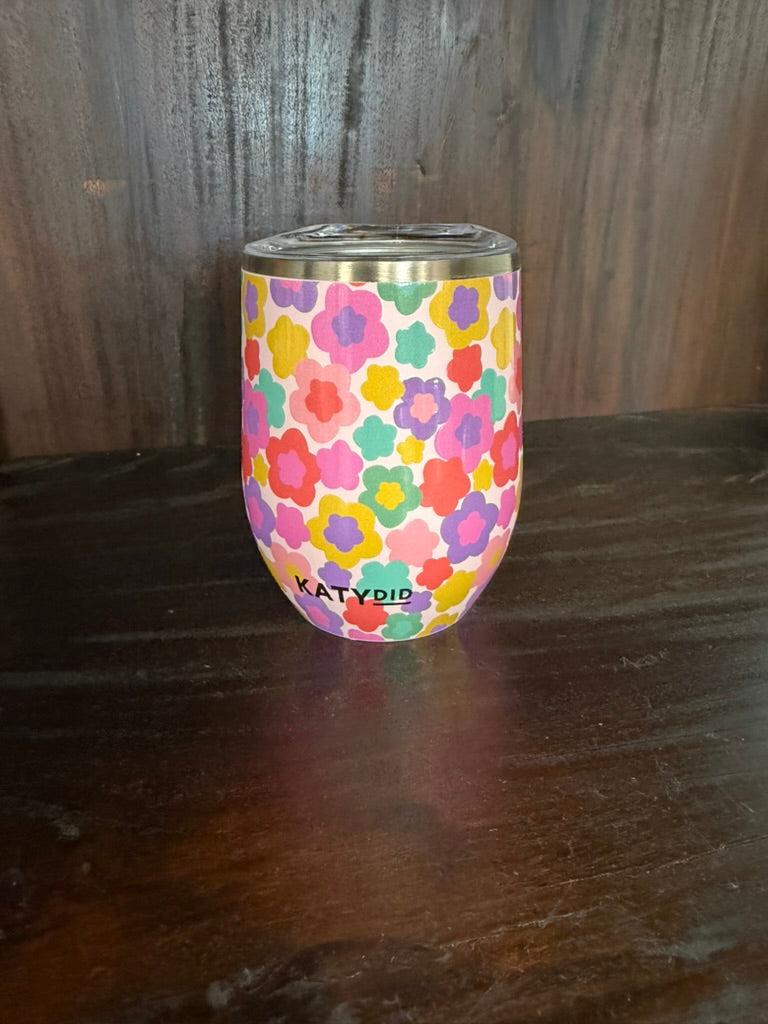 Groovy Multicolored Flowers 12 Oz Wine Tumbler