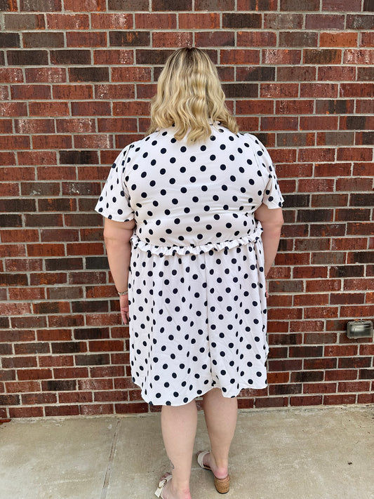 Polka Dot Dress With Frilled Neck And Pin Tuck
