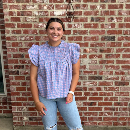 Gingham Flutter Sleeve Top