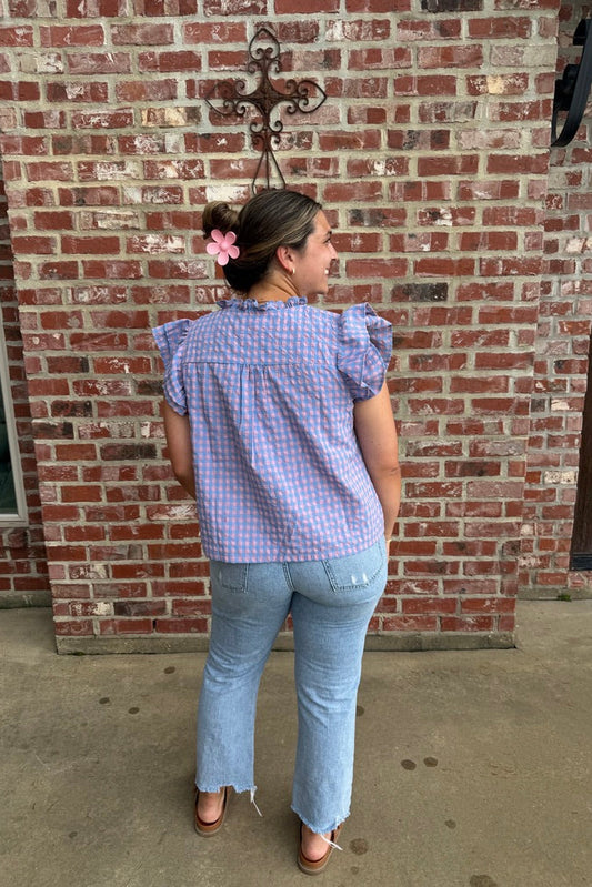 Gingham Flutter Sleeve Top