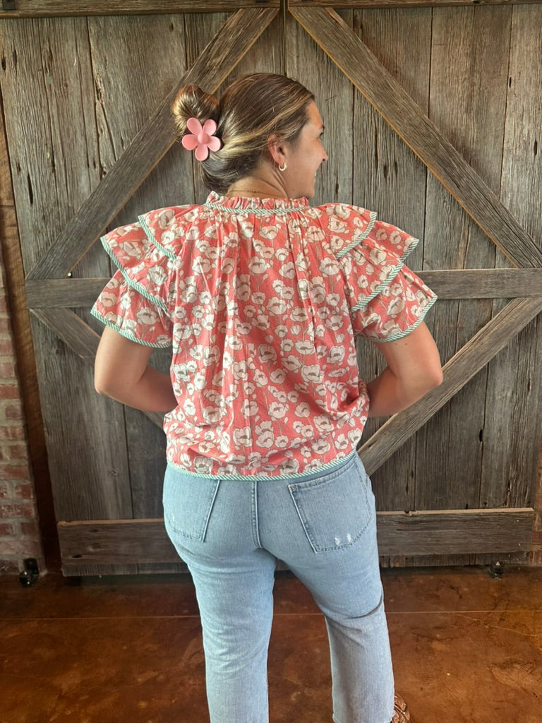 Floral Flutter Sleeve Contrast Top