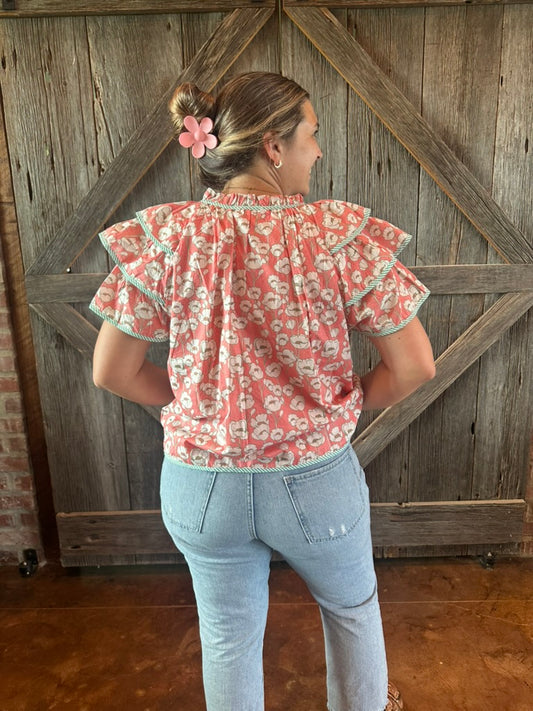 Floral Flutter Sleeve Contrast Top