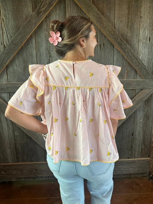 Lemon Embroidery Contrast Piping Top
