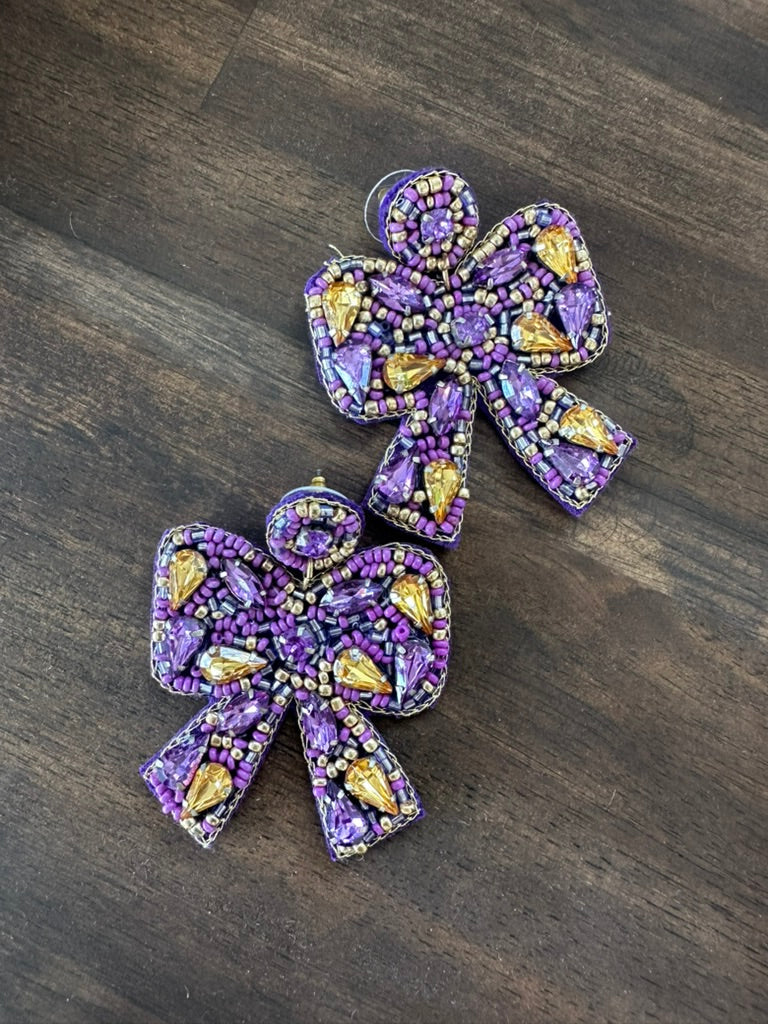 Purple & Gold Beaded Bow Earrings