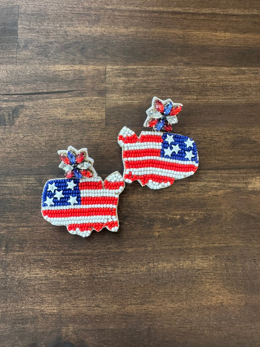 Beaded American Map Drop Earring| 4th of July| Patriotic Earrings| Red White & Blue (Copy)