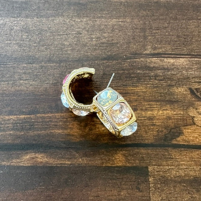 Gold-Tone Multi Color Gem Crystal Hoop Earrings