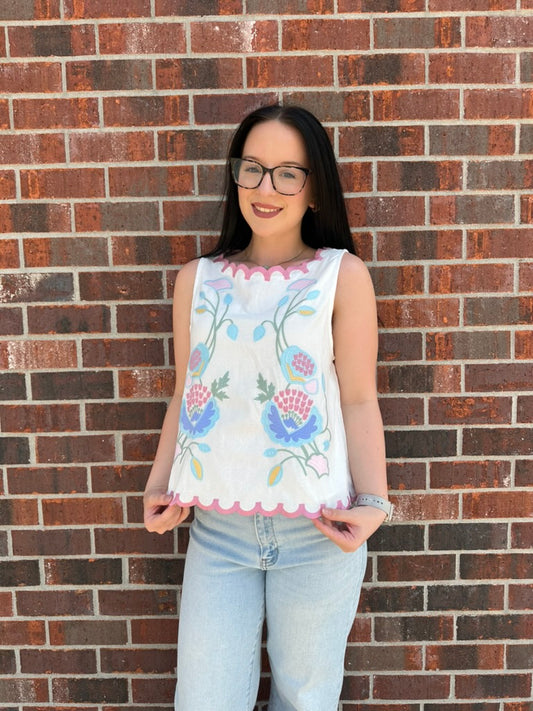 Floral Embroidery Scallop Tank