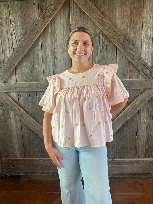 Lemon Embroidery Contrast Piping Top